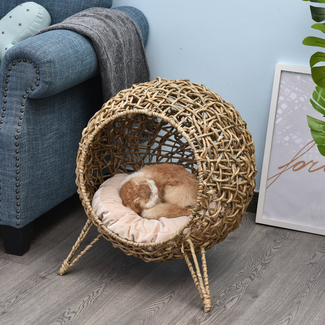 Hooded Rattan Wicker Elevated Cat House Kitten Pussy Basket Ball Shaped Bed Pet Furniture with Removable Cushion Natural