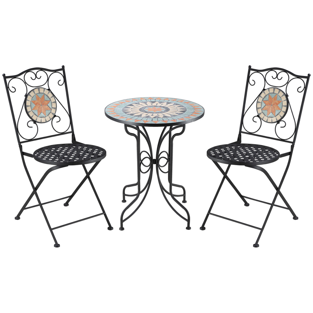 3 Piece Garden Bistro Set, Folding Patio Chairs and Mosaic Round Tabletop for Outdoor, Metal, Balcony, Poolside, Light Blue