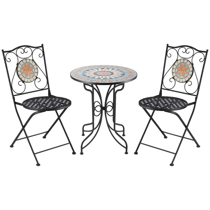 3 Piece Garden Bistro Set, Folding Patio Chairs and Mosaic Round Tabletop for Outdoor, Metal, Balcony, Poolside, Light Blue