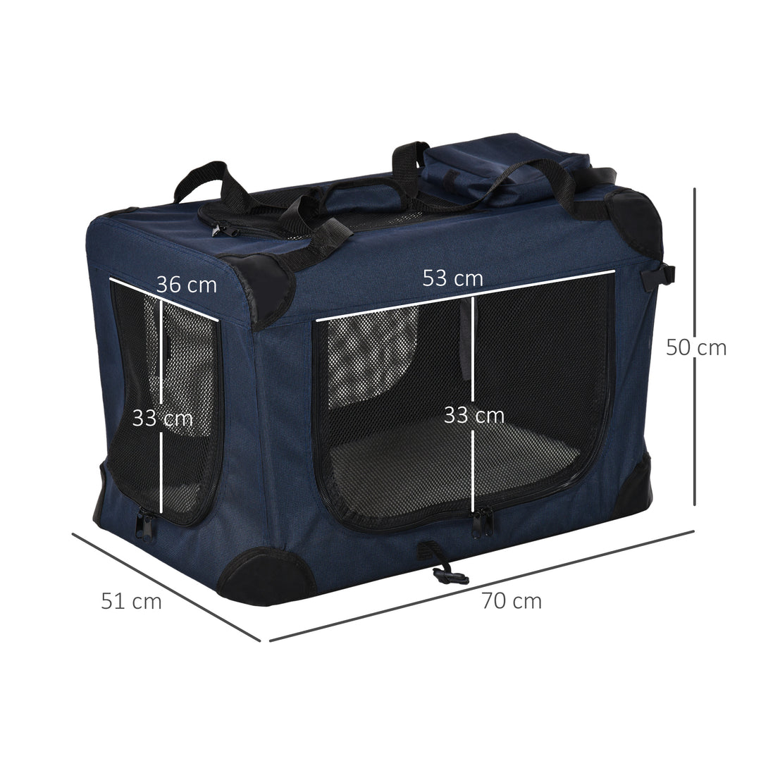 PawHut Pet Carrier Folding Cat Carrier Portable Dog Bag Soft Pet Crate w/ Cushion, 70 x 51 x 50 cm, Dark Blue