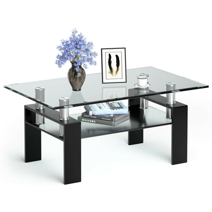 Modern Glass Coffee Tea Table with Open Shelf-Black