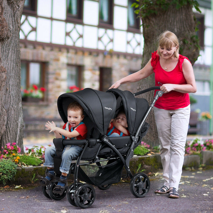 Double Pushchair with Adjustable Backrest and Sunshade-Black