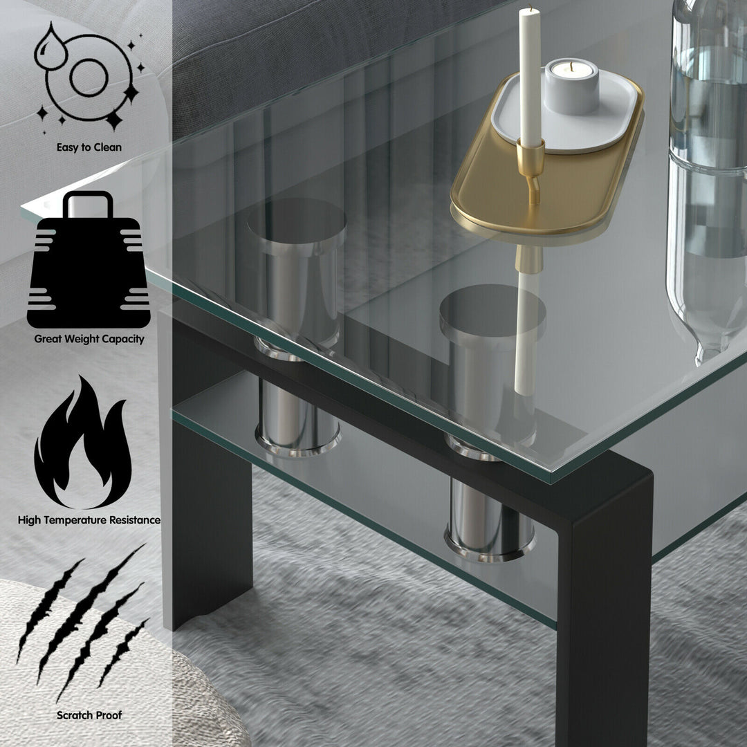 Modern Glass Coffee Tea Table with Open Shelf-Black