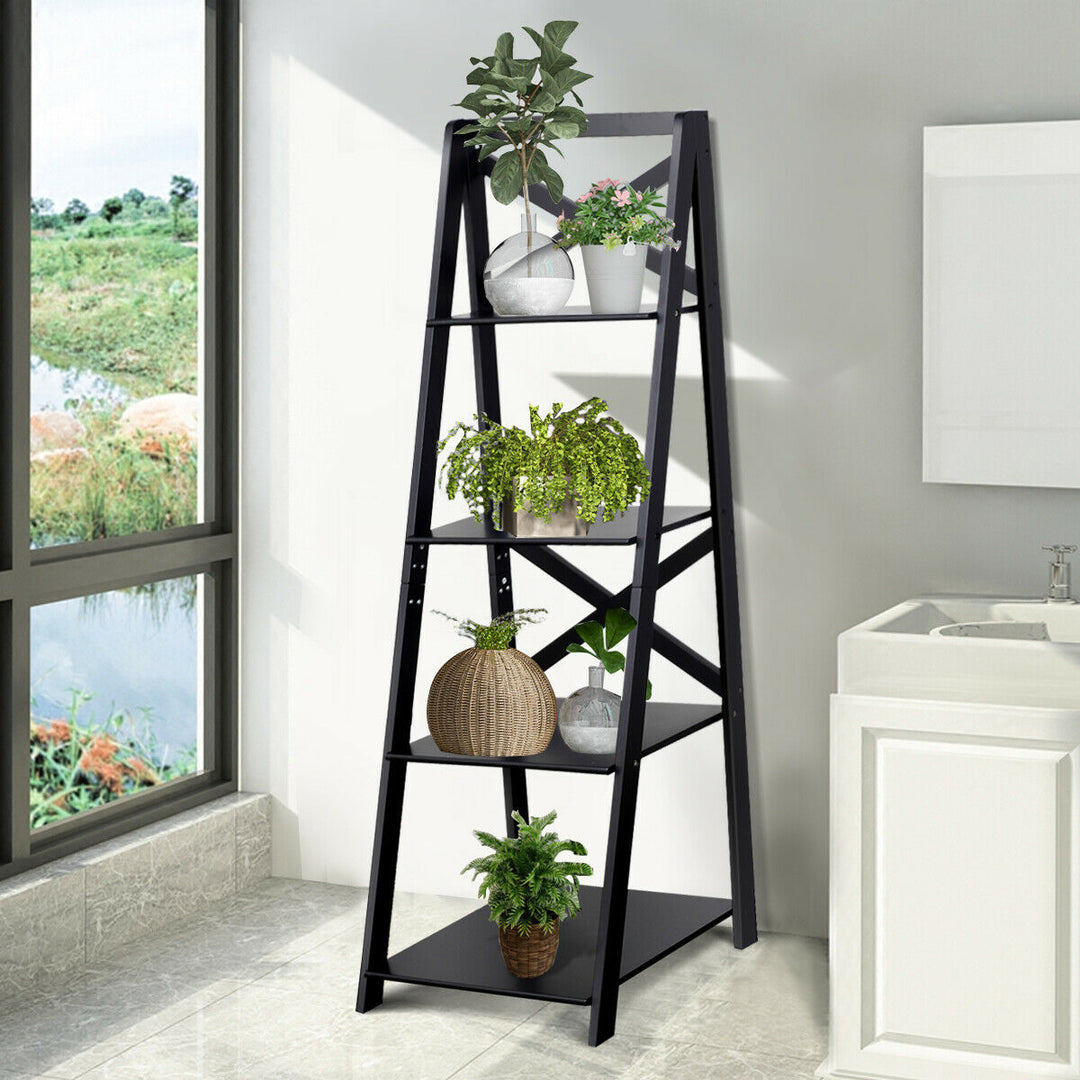 4 Tier Wooden Ladder Shelving Unit-Black