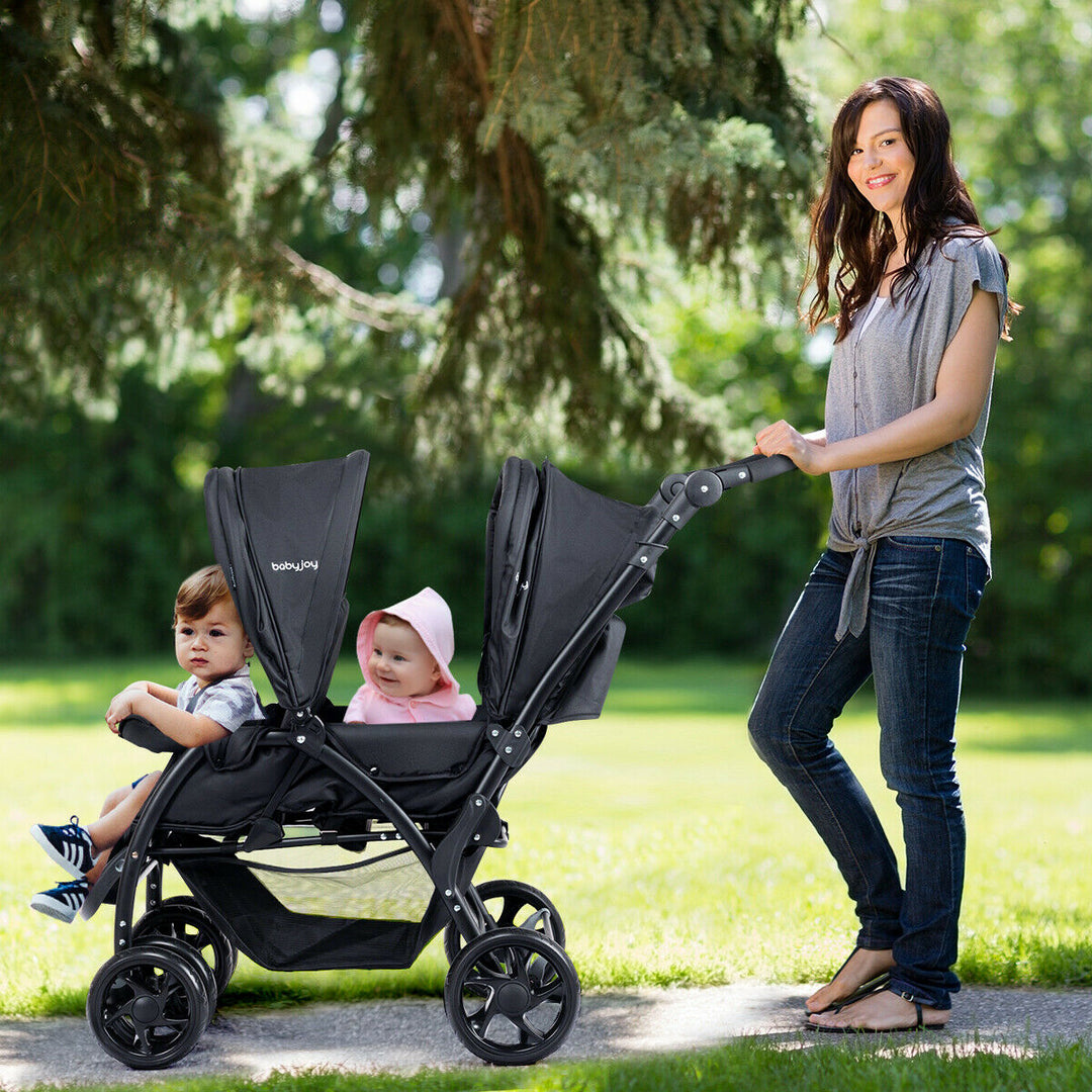 Double Pushchair with Adjustable Backrest and Sunshade-Black