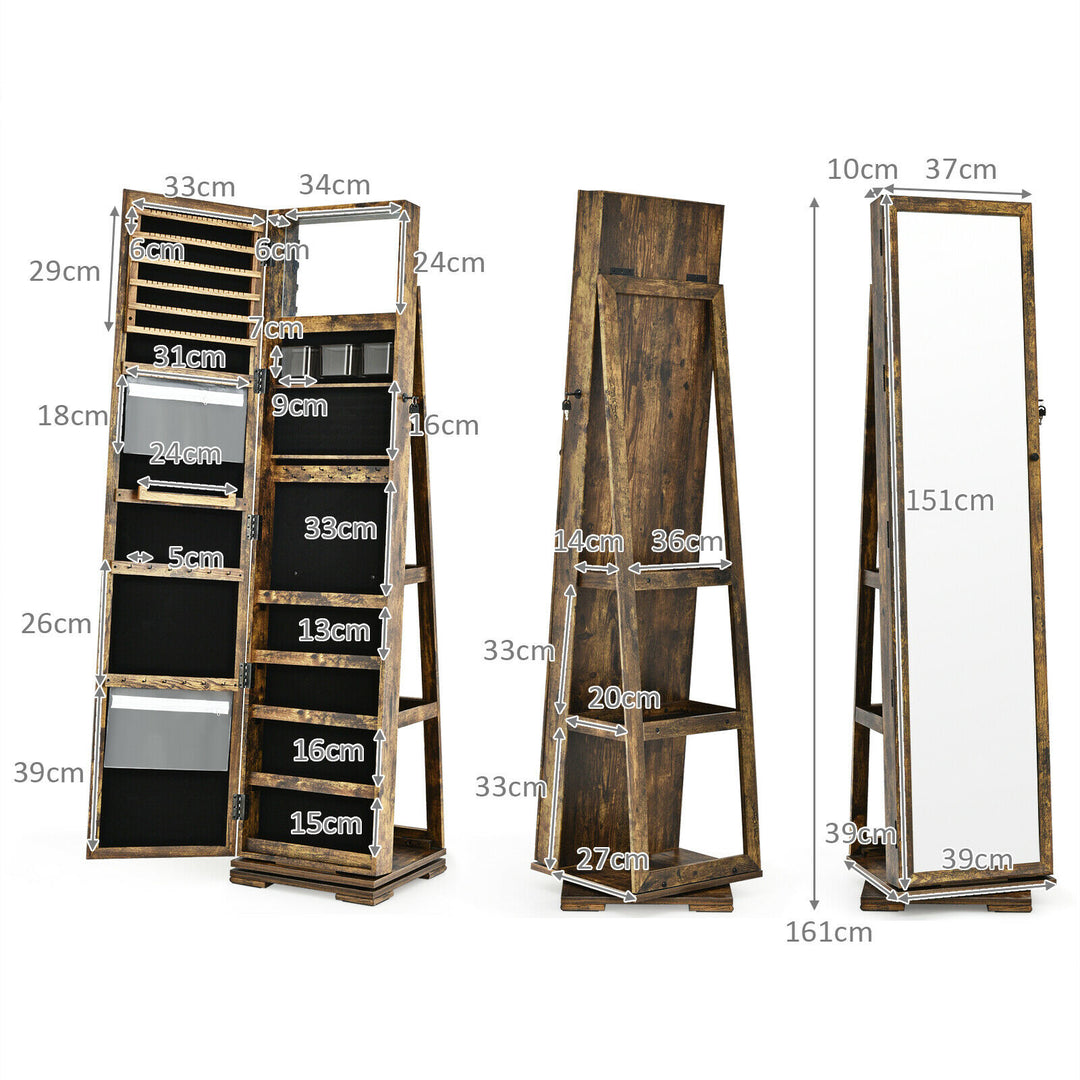 Full Length Mirrored Jewellery Cabinet Rotates 360° with Open Display Shelves-Rustic Brown