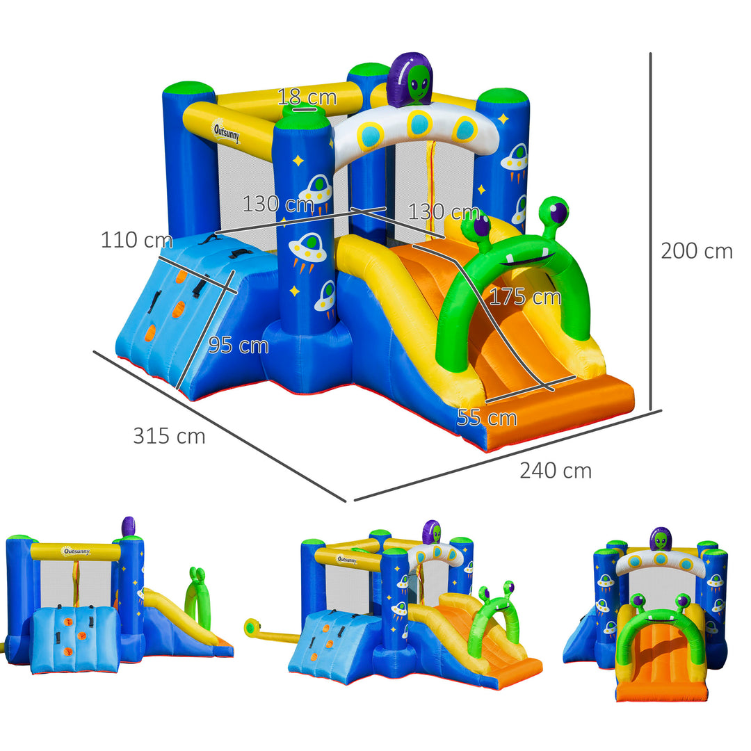 Outsunny 4 in 1 Kids Bounce Castle Large Alien-Style Inflatable House Slide Trampoline Climbing Wall Basket with for Kids Age 3-8, 3.2 x 2.4 x 2m