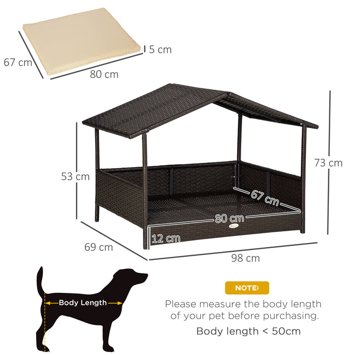 Wicker Dog House, Rattan Pet Bed with Soft Cushion, Canopy, Cat House with Anti-slip Pads, Brown, 98 x 69 x 73 cm
