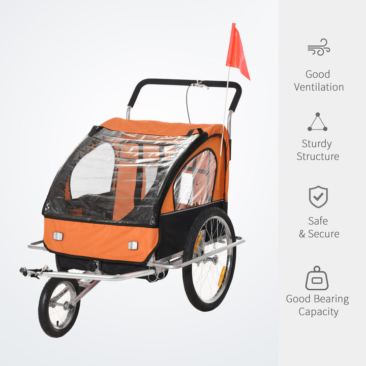 Collapsible Bike Trailer 2-Seater for Baby Bicycle with Pivot Wheel Suitable For 18 Month + Child Orange