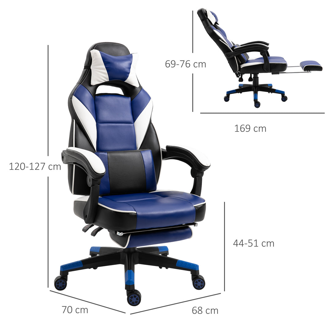 Vinsetto Cool &amp; Stylish Gaming Chair Ergonomic Recliner w/ Thick Padding Footrest Neck &amp; Back Pillow 5 Wheels Racing Swivel Height Adjustable Blue