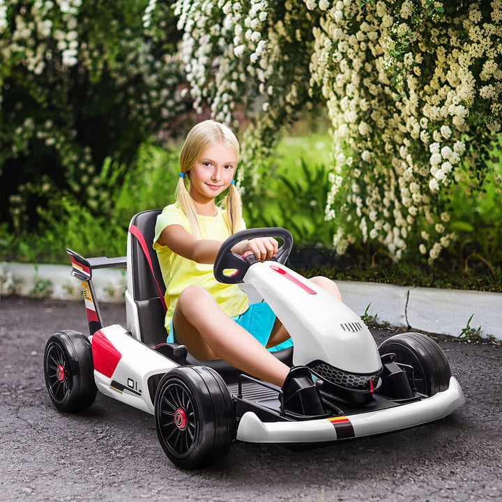 Electric Go Kart with Adjustable Footrest, Reversing Steering Wheel, Kids Ride-On Racing Go Kart with 12V Rechargeable Battery 2 Speeds White