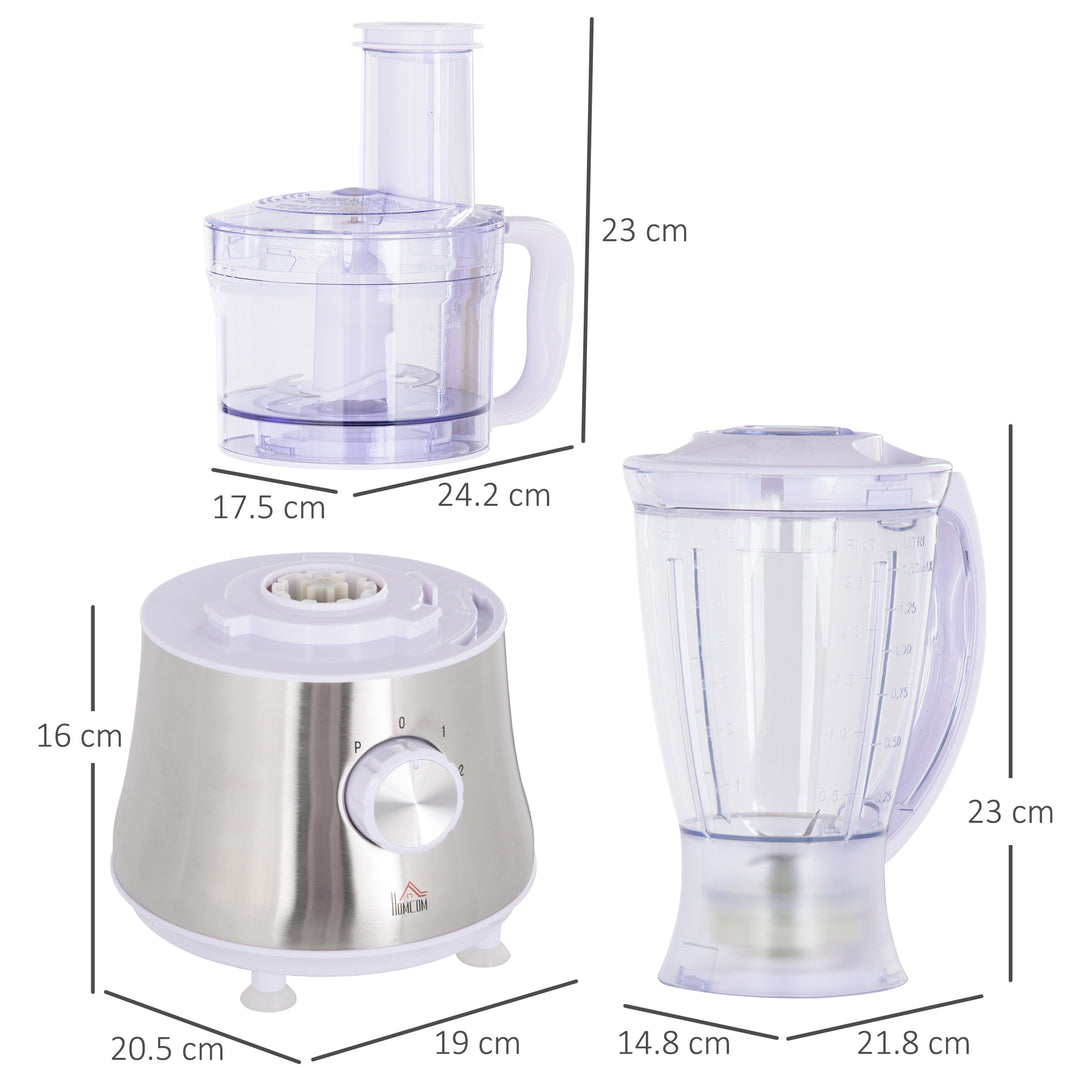 Food Processor with 1L Bowl, 1.5L Blender, Knife Blades, Reversible Slicing and Grating Discs, Adjustable Speed and Pulse, 500W