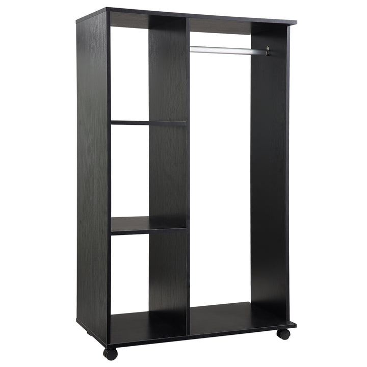 Open Wardrobe with Hanging Rail and Storage Shelves w/Wheels Bedroom- Black