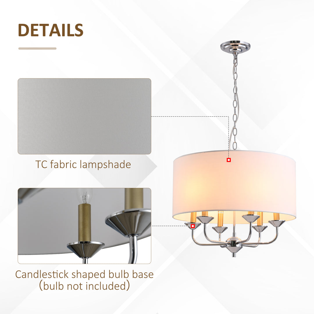 Modern Chandelier Candle Pendant Light Fabric Lampshades with Adjustable Hanging Chain for Living Room, Dining Room, Kitchen, White