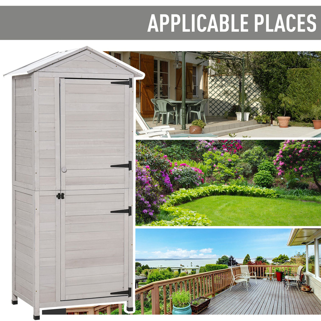Garden Shed Outdoor Wooden Garden Cabinet 4-Tier Storage Shed 3 Shelves Lockable Organizer with Handle Tin Roof Magnetic Latch Foot Pad