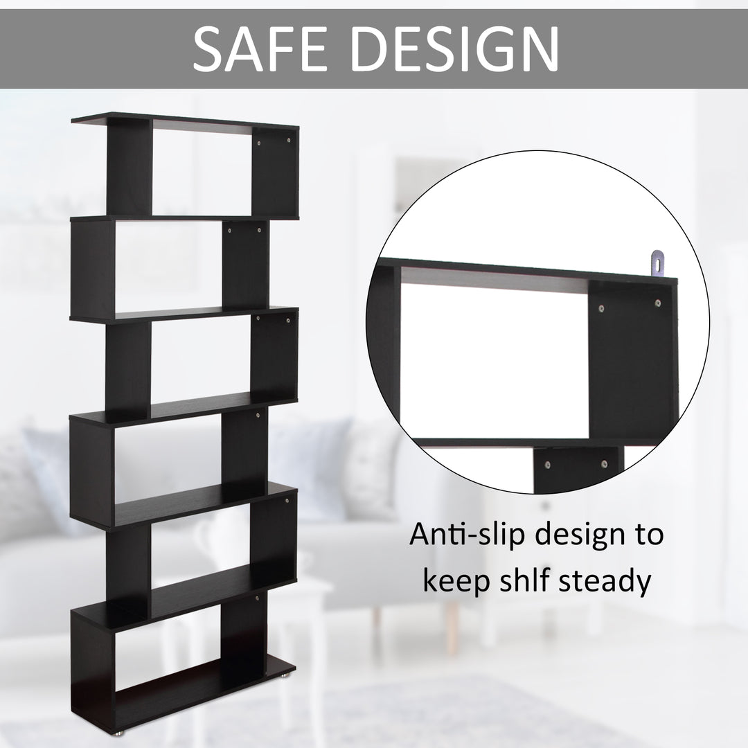 S Shape Wooden 6-tier Bookshelf Open Concept Bookcase Storage Display Unit for Home Office Living Room, Black
