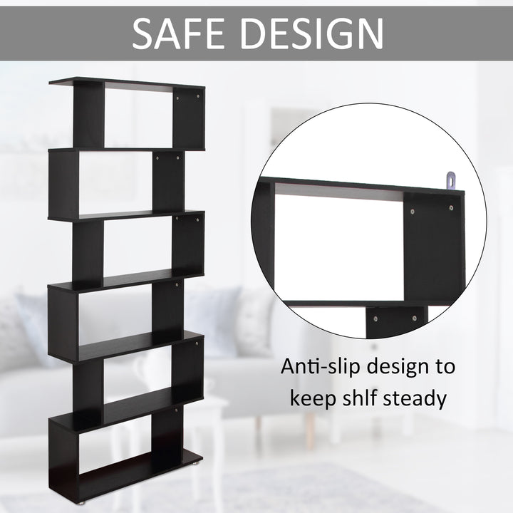 S Shape Wooden 6-tier Bookshelf Open Concept Bookcase Storage Display Unit for Home Office Living Room, Black