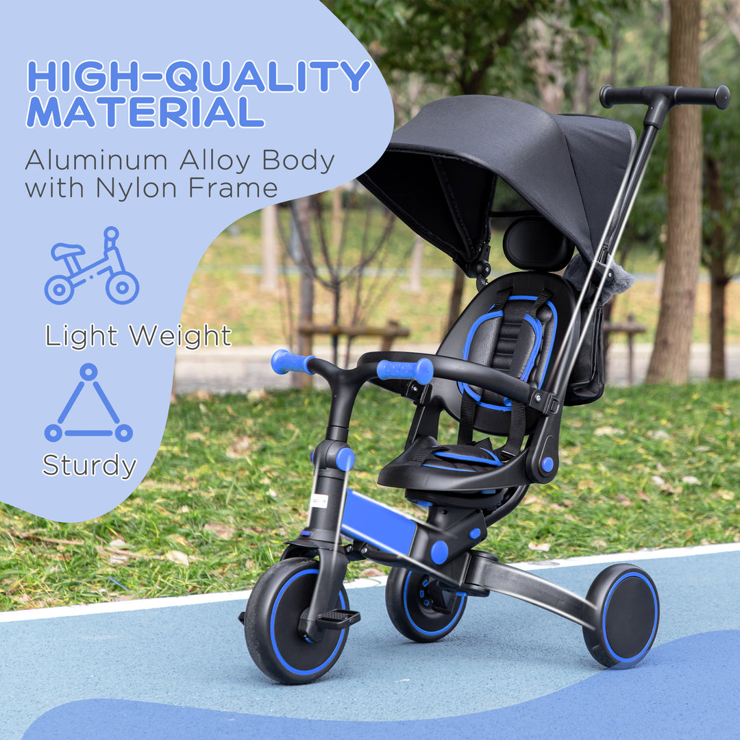 3-in-1 Tricycle for Kids with Aluminium Frame, Baby Trike with Adjustable Push Handle, Canopy and Seat Angle for 18-48 Months, Blue