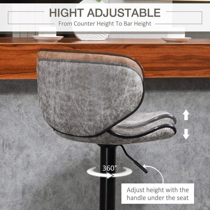 Bar Stool Set of 2 Microfiber Cloth Adjustable Height Armless Chairs with Swivel Seat, Grey