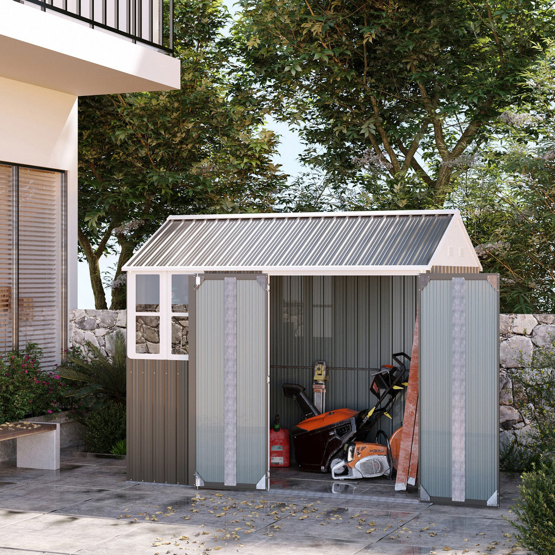 8 x 6 ft Metal Garden Storage Shed Patio Corrugated Roof Tool Storage Box w/ Double Door Window Sloped Roof, Grey