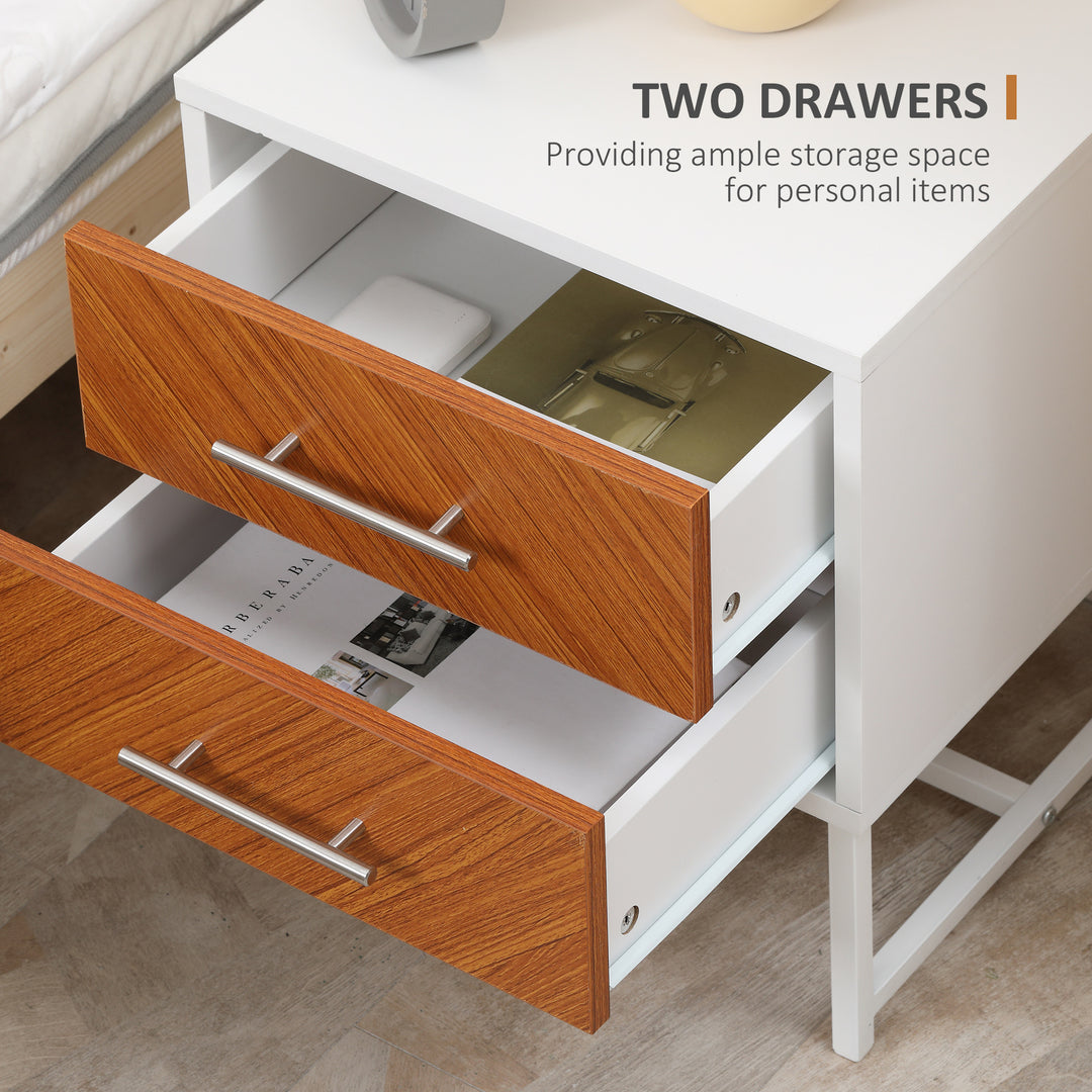 Bedside Table with 2 Drawers and Metal Frame, Sofa Side Table for Bedroom Living Room, White and Brown