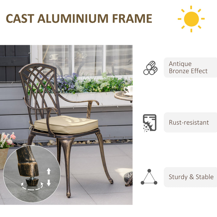 Outsunny 3 Piece Cast Aluminium Garden Bistro Set for 2 with Parasol Hole, Outdoor Coffee Table Set with Cushions - Bronze