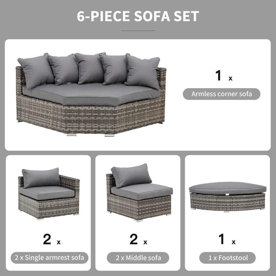 Outsunny 6-Seater Outdoor Rattan Wicker Sofa Set Half Round Patio Conversation Furniture Set w/ Cushions Grey