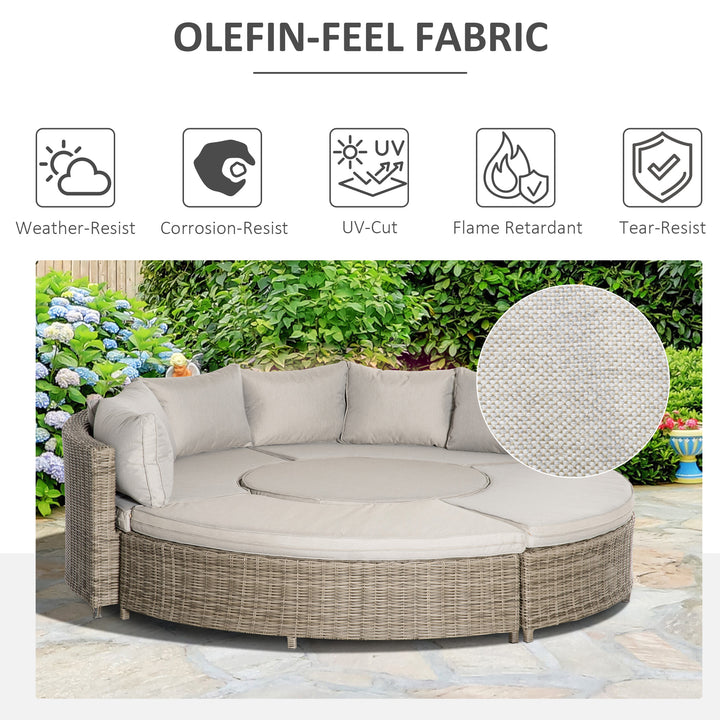 6-Seater Outdoor PE Rattan Patio Furniture Set Lounge Chair Round Daybed Liftable Coffee Table Conversation Set w/ Olefin Cushion, Grey