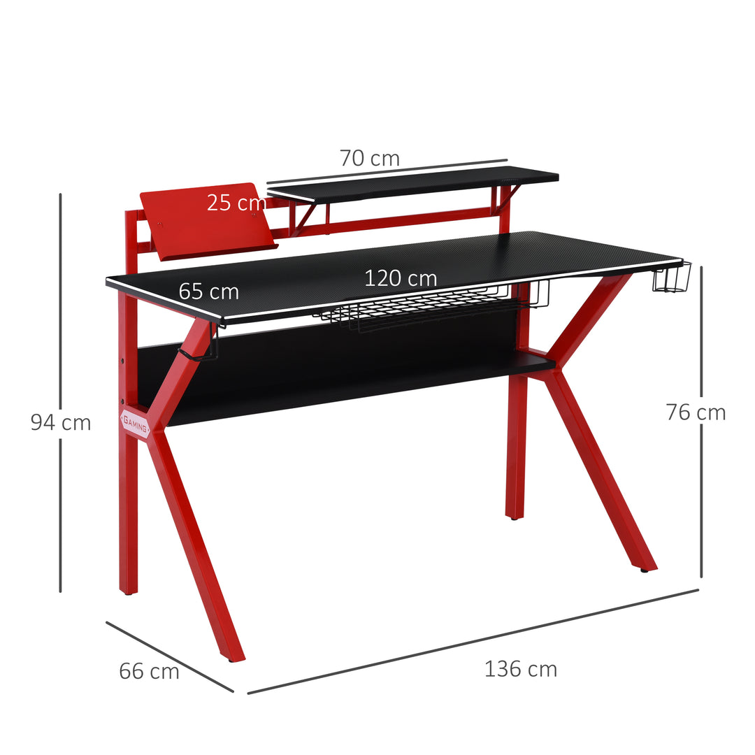 Gaming Desk Computer Table Stable Metal Frame Adjustable Feet w/ Cup Holder Headphone Hook, Cable Basket - Red