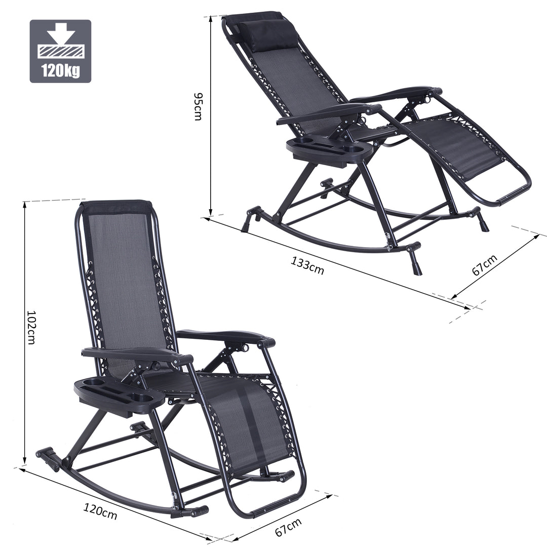 Rocking Chair Folding Recliner Outdoor with Headrest Side Holder Patio Deck - Black