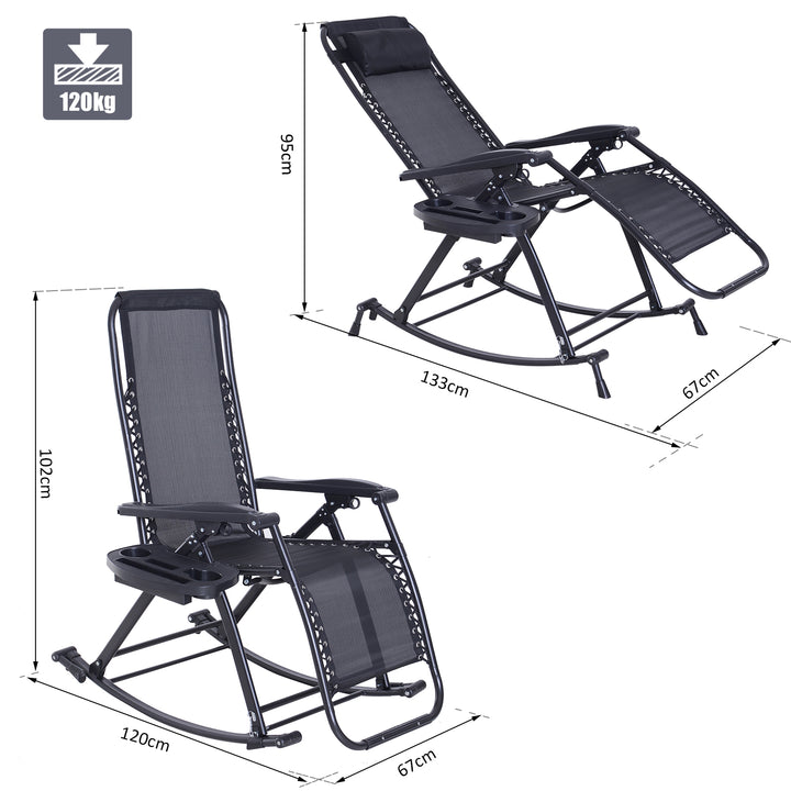 Rocking Chair Folding Recliner Outdoor with Headrest Side Holder Patio Deck - Black