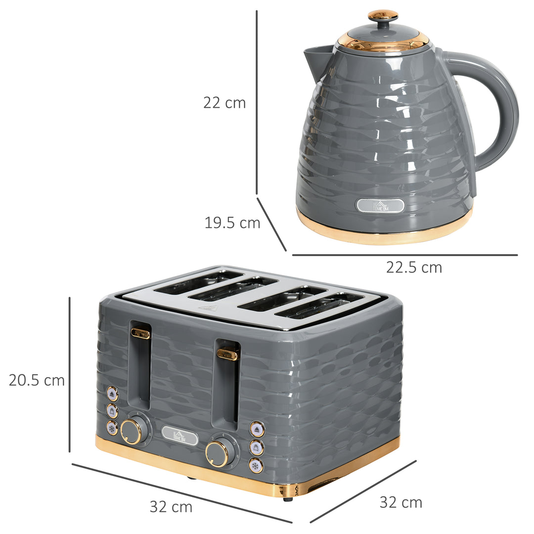 Kettle and Toaster Sets, 1600W 1.7L Rapid Boil Kettle & 4 Slice Toaster w/7 Browning Controls Defrost Reheat Crumb Tray Otter thermostat Grey