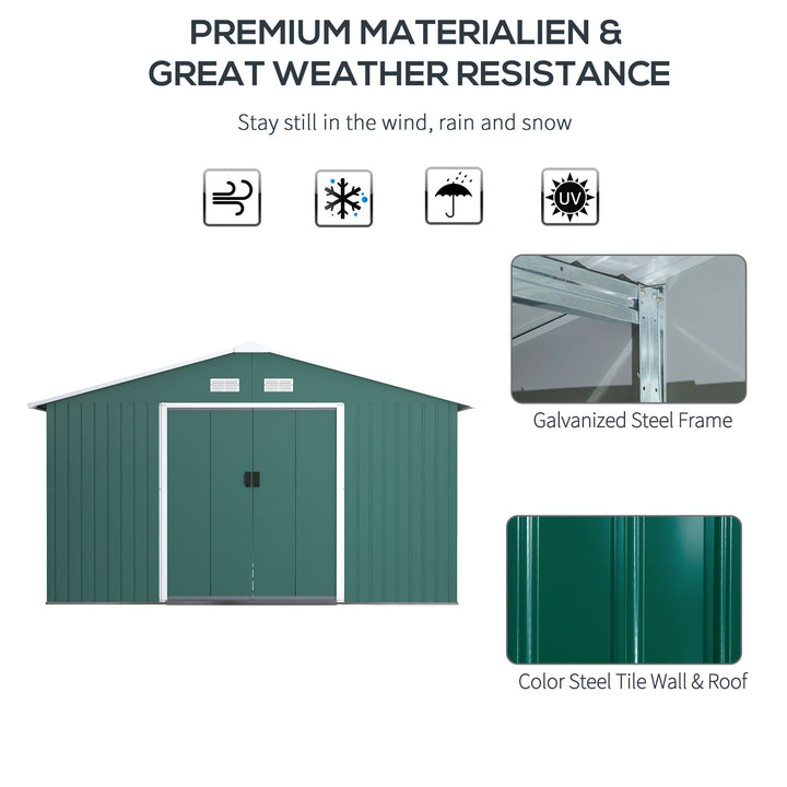 Outsunny 13 x 11 ft Metal Garden Shed Large Patio Roofed Tool Storage Box with Ventilation and Sliding Door, Deep Green
