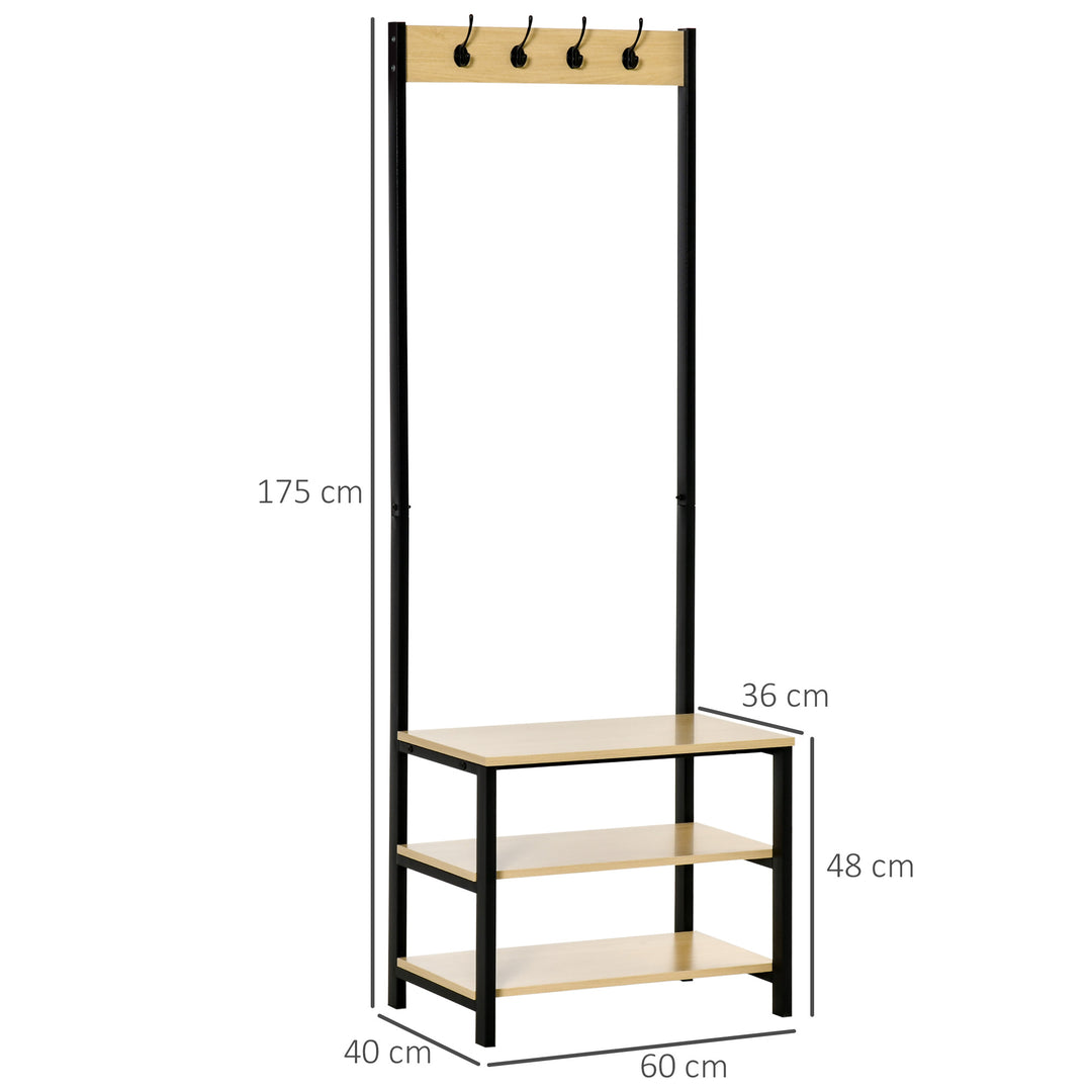 4 Hooks Wooden Garment Rack Freestanding Coat Rail Storage Shelves Metal Tidy Shoes Clothes Stand Entryway Furniture - 60L x 40W x 175H (cm)