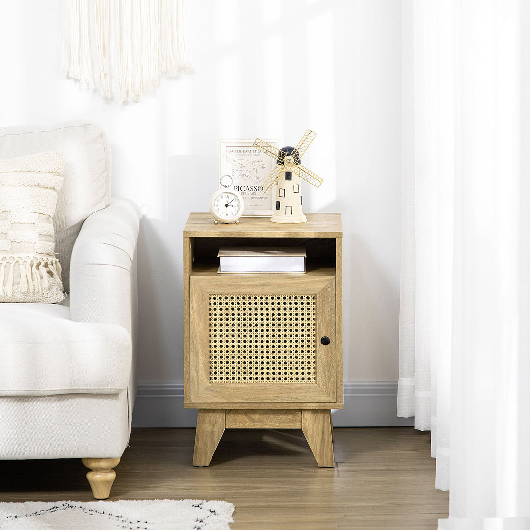 Bedside Table with Rattan Element, Side End Table with Shelf and Cupboard, 39cmx35cmx60cm, Natural