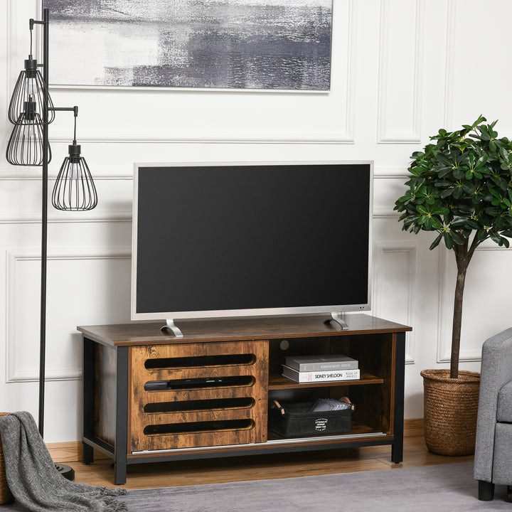 Industrial TV Stand for TVs up to 50 Inches, TV Cabinet with Sliding Doors, Storage Shelves, Cable hole for Living Room Bedroom, Rustic Brown