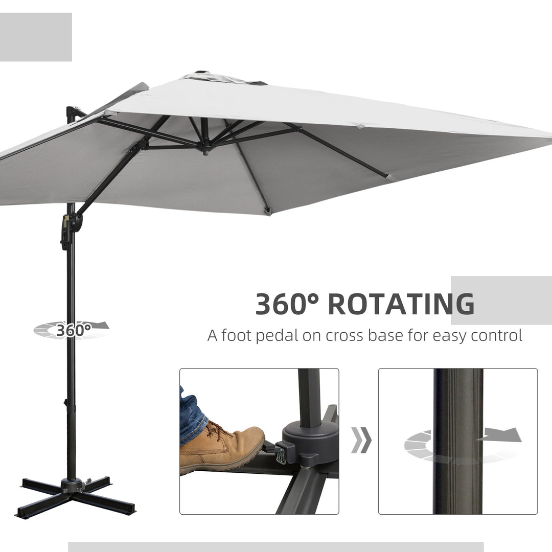 2.7 x 2.7 m Cantilever Parasol, Square Overhanging Umbrella with Cross Base, Crank Handle, Tilt, 360° Rotation and Aluminium Frame, Grey