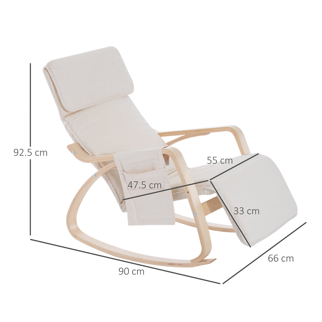 Rocking Lounge Chair Recliner Relaxation Lounging Relaxing Seat with Adjustable Footrest, Side Pocket and Pillow, Cream White