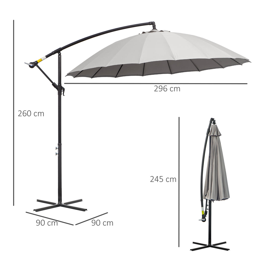 Outsunny 3(m) Cantilever Garden Hanging Banana Sun Umbrella with Crank Handle, 18 Sturdy Ribs and Cross Base, Grey