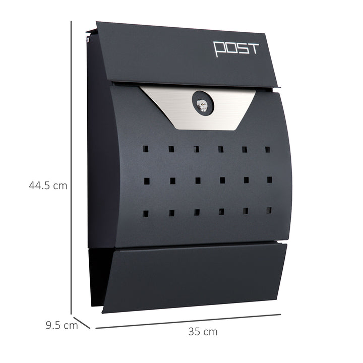 Steel Wall Mounted Mail Box Post Letter Lockable with Waterproof  Lid -  Black
