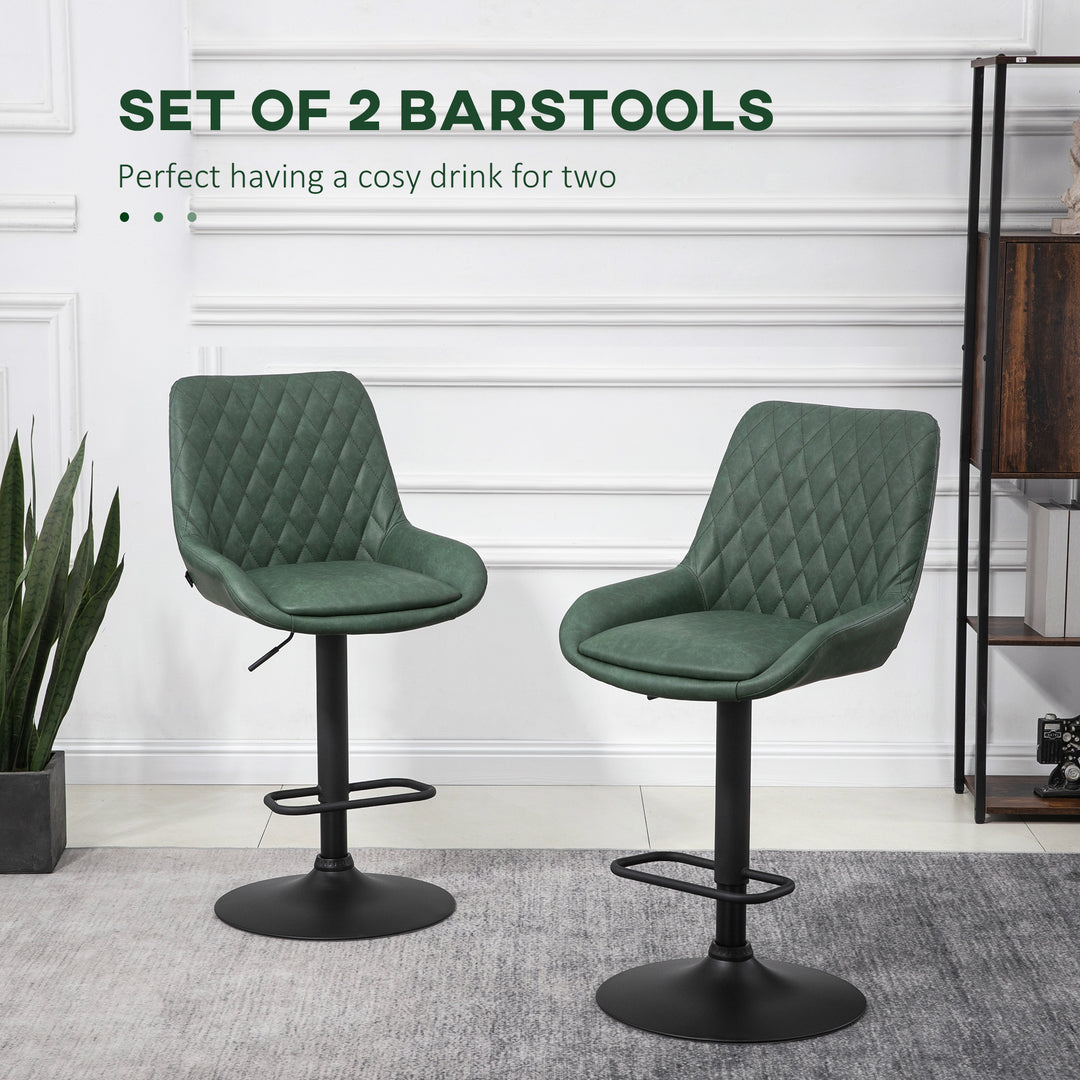Set of 2 Retro Bar stools With Backs , Adjustable Kitchen Stool, Upholstered Bar Chairs with Back, Swivel Seat, Dark Green