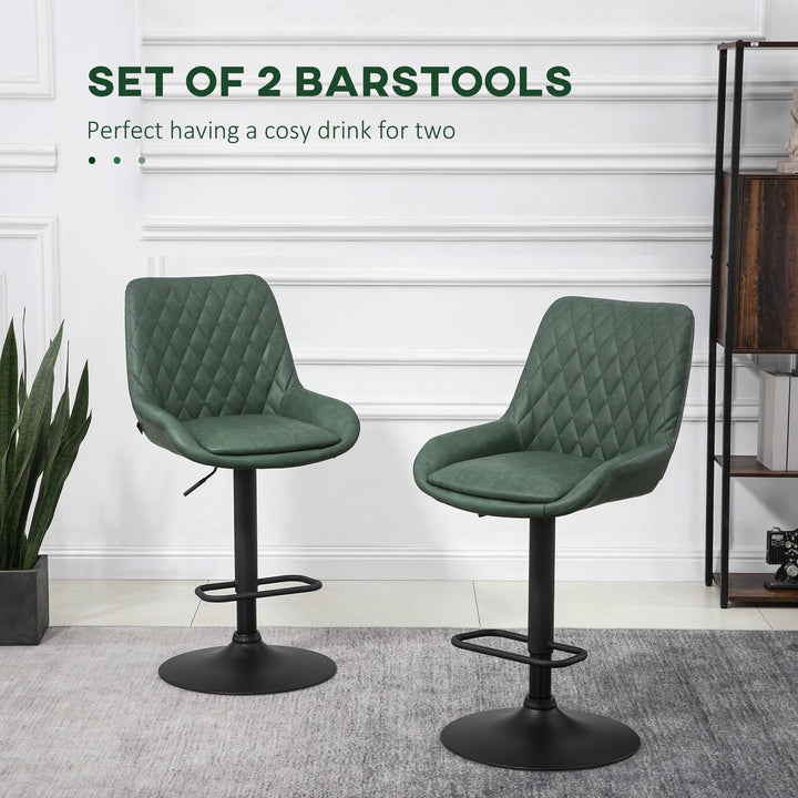 Set of 2 Retro Bar stools With Backs , Adjustable Kitchen Stool, Upholstered Bar Chairs with Back, Swivel Seat, Dark Green