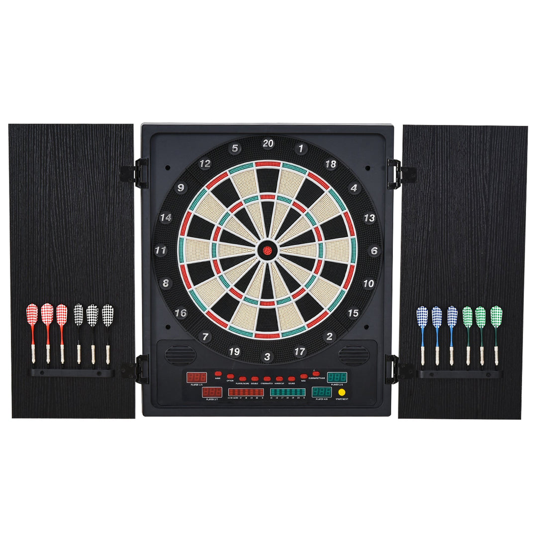 Electronic Dartboard In Case LED Scoreboard w/ 12 Darts 30 Heads Side Storage Cabinet Black White