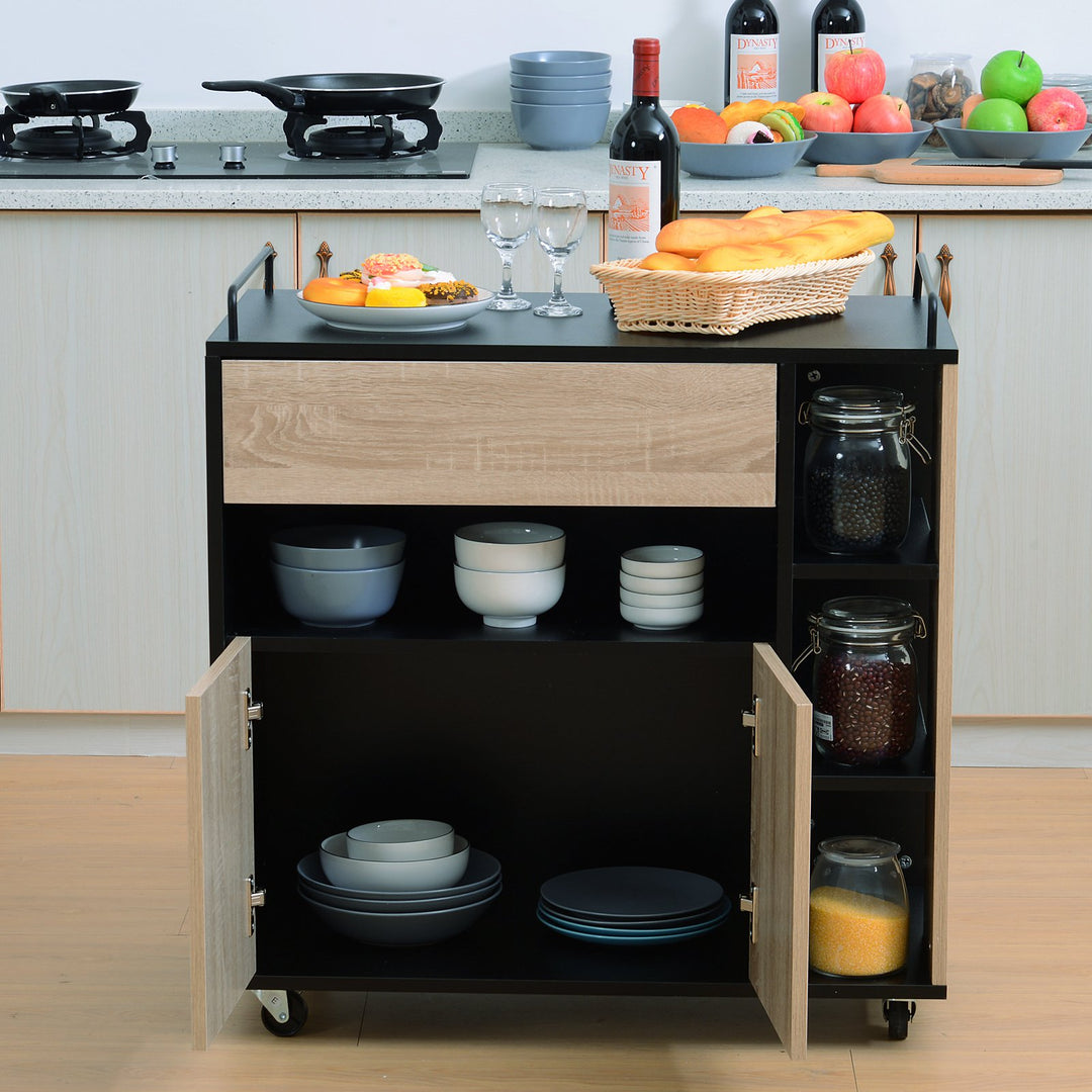 Rolling Kitchen Island, 76.5Wx40Dx82H cm-Oak/Black Colour