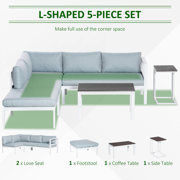 5-Piece L-shaped Garden Furniture Set, Aluminium Conversation Set, Corner Sofa Set with Coffee Table End Table Cushions, White Frame
