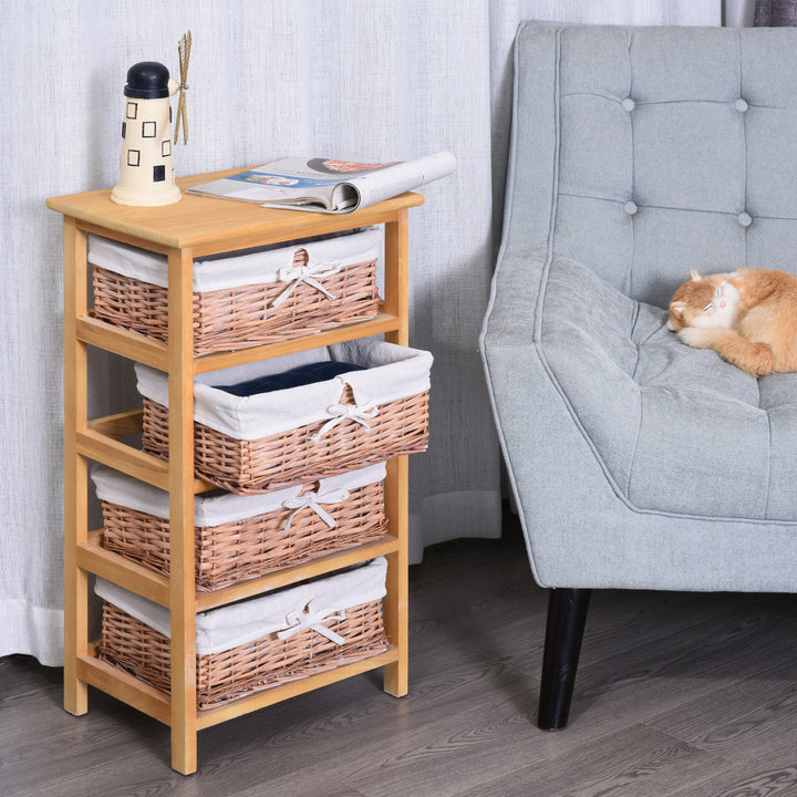4 Drawer Dresser Wicker Basket Storage Shelf Unit Wooden Frame Home Organisation Cabinet Bedroom Office Furniture Natural Finish 73x40cm