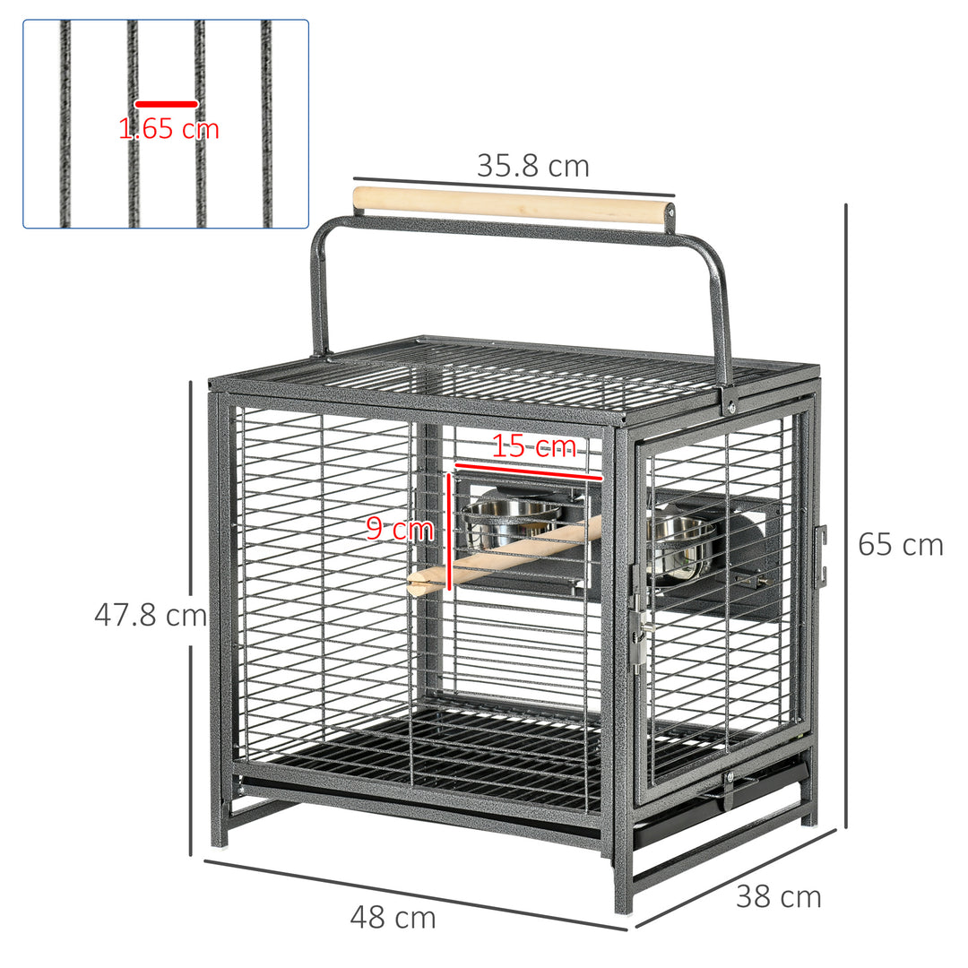 PawHut Metal Parrot Cage Bird Carrier Green Cheek Canary Parakeet Cockatiel Small Parrot Travel Breeding Cage Wooden Perch Black