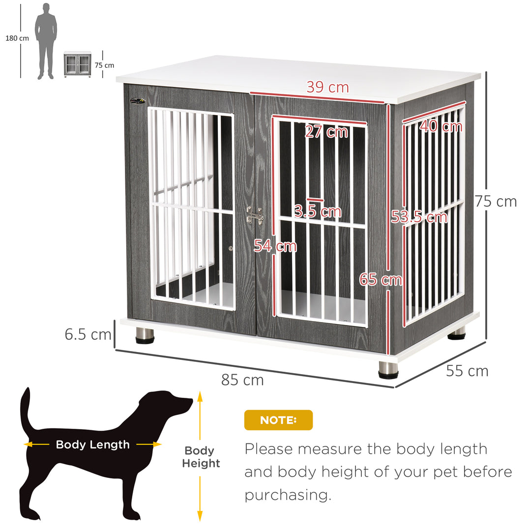 PawHut Dog Crate, Wooden Pet Kennel Cage with Lockable Door and Adjustable Foot Pads, Modern Design, Grey and White