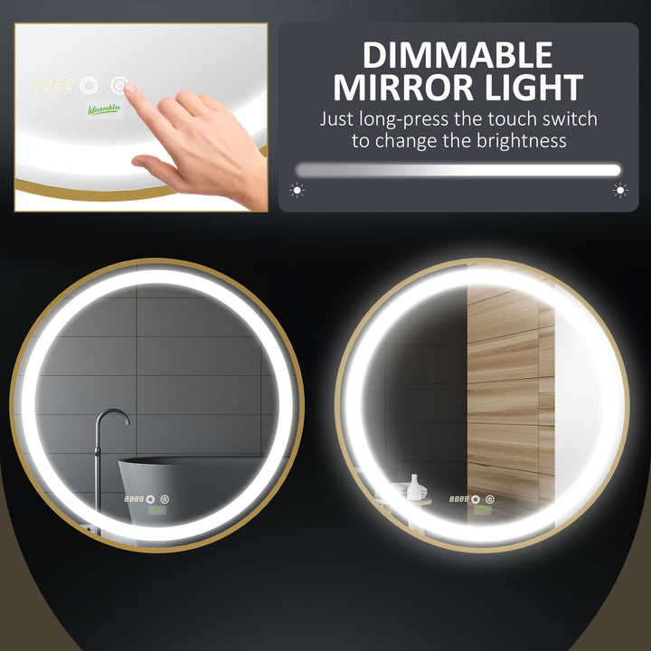 kleankin Round Illuminated Bathroom Mirrors Dimmable LED Lighted Wall Mount Mirror w/ 3 Colours, Time Display, Memory Function, 60cm
