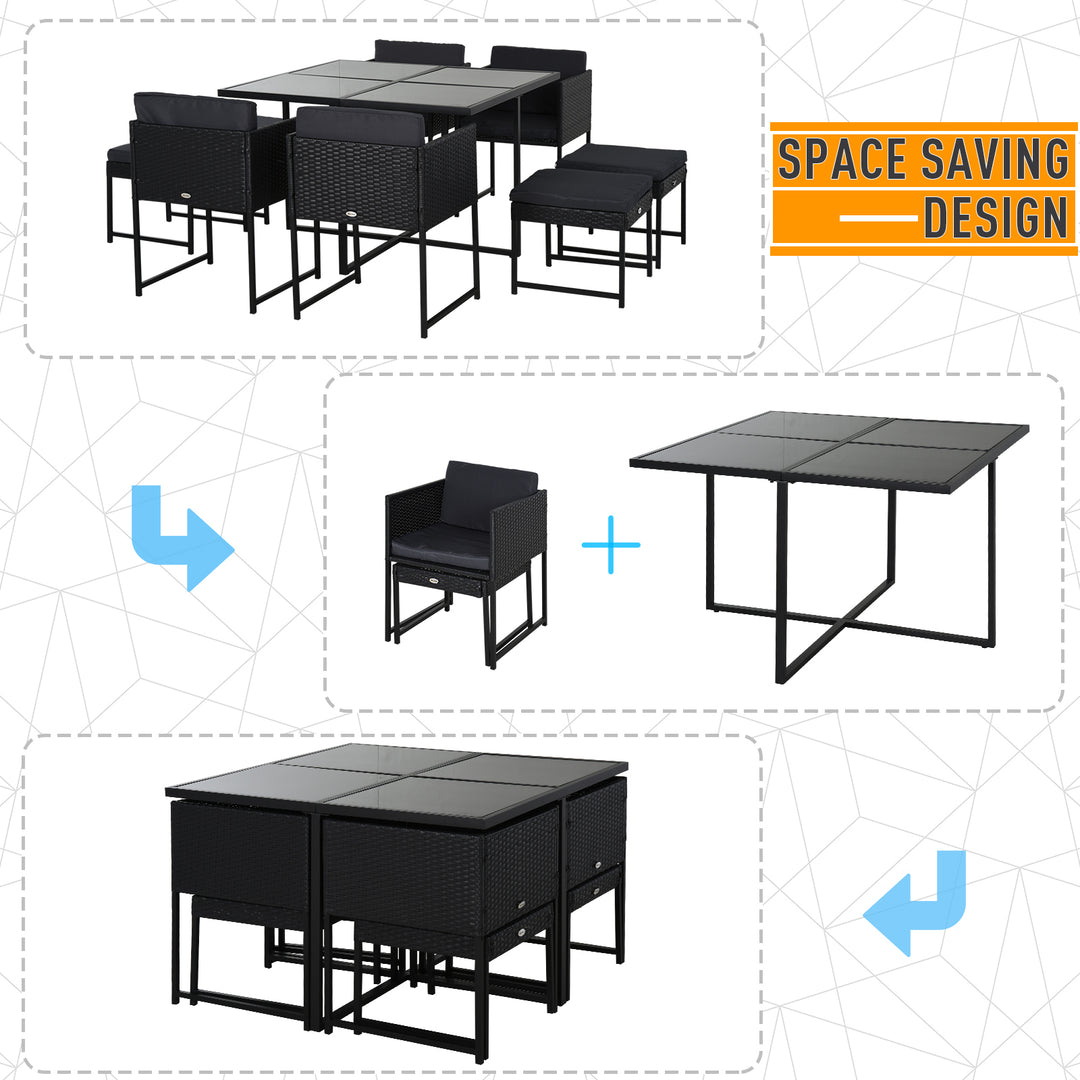8-Seater Rattan Dining Cube Set Outdoor Patio Furniture PE Rattan Wicker Dining Set w/ 4 Armchair,4 Foot Stool,Grey Cushion